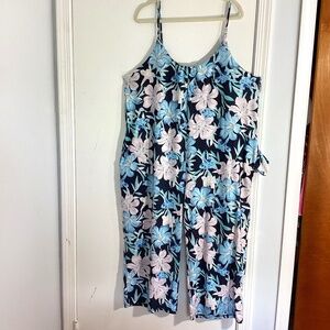 WOMAN SIZE XL FLORAL WHITE  BLUE KNIT ROMPER JUMPSUIT SOFT STRETCHY